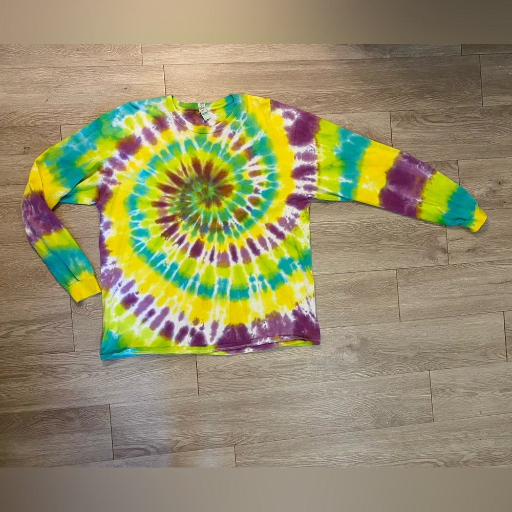 Tie-Dye Long Sleeve 100% Cotton T-Shirt XL Purple Blue Green Yellow Unisex